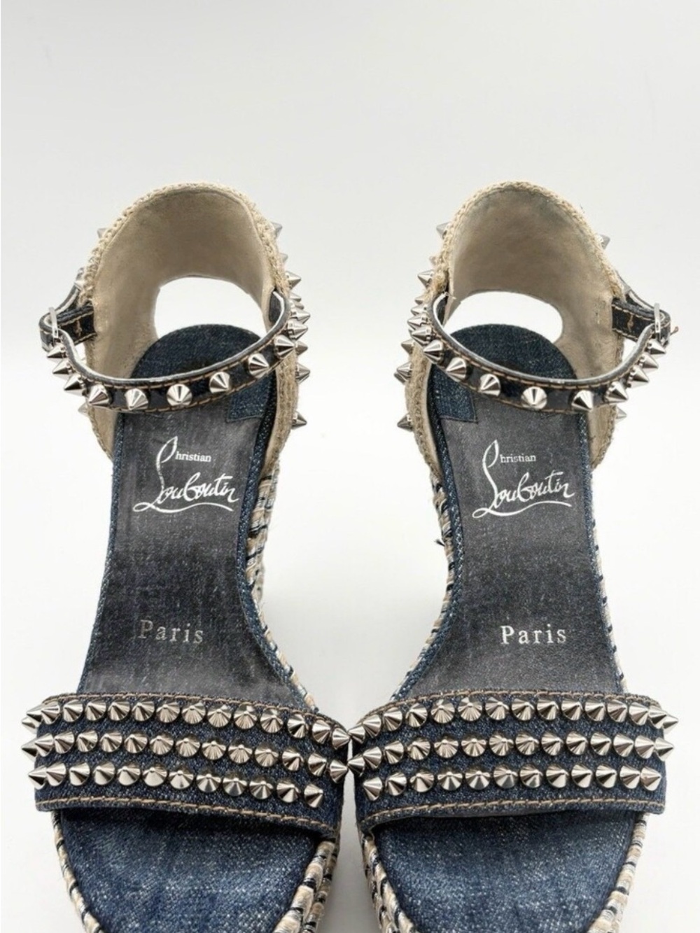 Christian Louboutin Denim & Natural Espadrille Wedge Sandals with Studs - Picture 7 of 9